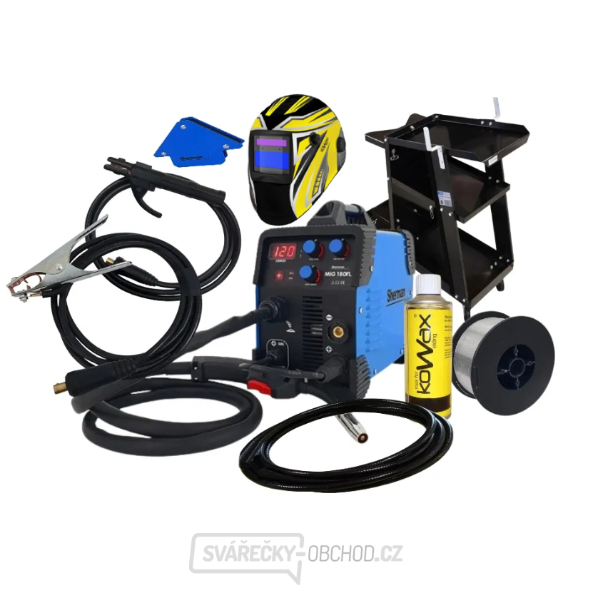 Sherman Svářecí Invertor MIG 180FL + Hořák + kabely + kukla + vozík + sprej + trub.drát + magnet