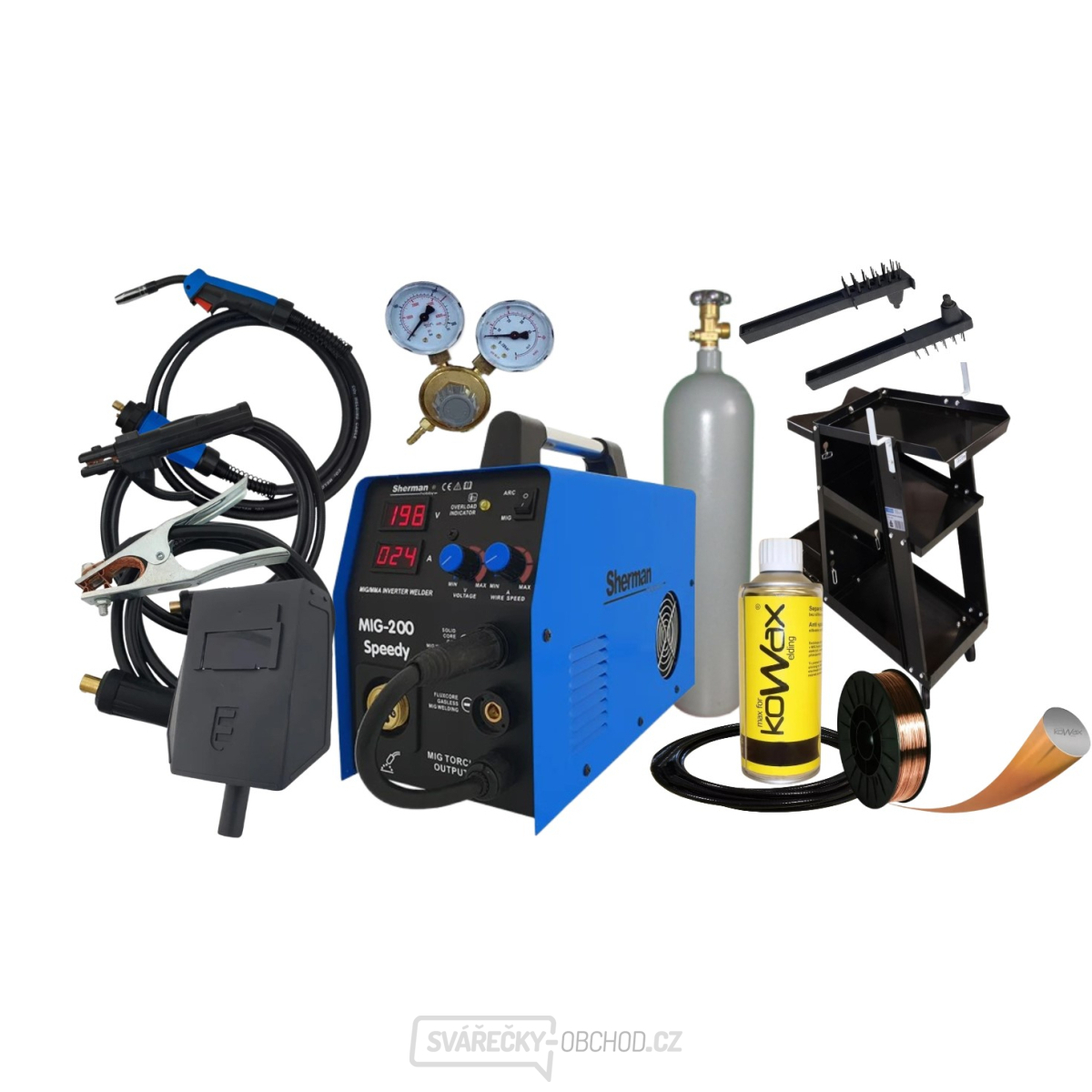 Sherman MIG 200 Speedy + hořák + kabely + Drát + Vozík + Ventil + Sprej + plná Lahev CO2