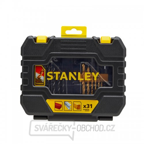 31dílná sada vrtáků do kovu Titanium/dřeva/zdiva, šroubovací bity, magnetický držák bitů, záhlubník Stanley STA88550