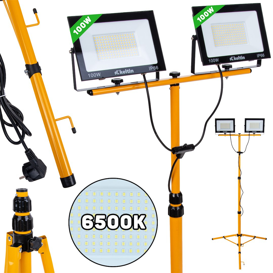 2x100W LED světlomet s teleskopickým konstrukčním stojanem a kabelem - studená bílá barva 6500K K02050