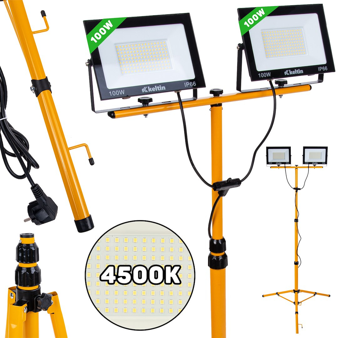 2x100W LED světlomet s teleskopickým stojanem a kabelem - neutrální bílá barva 4500K K02051