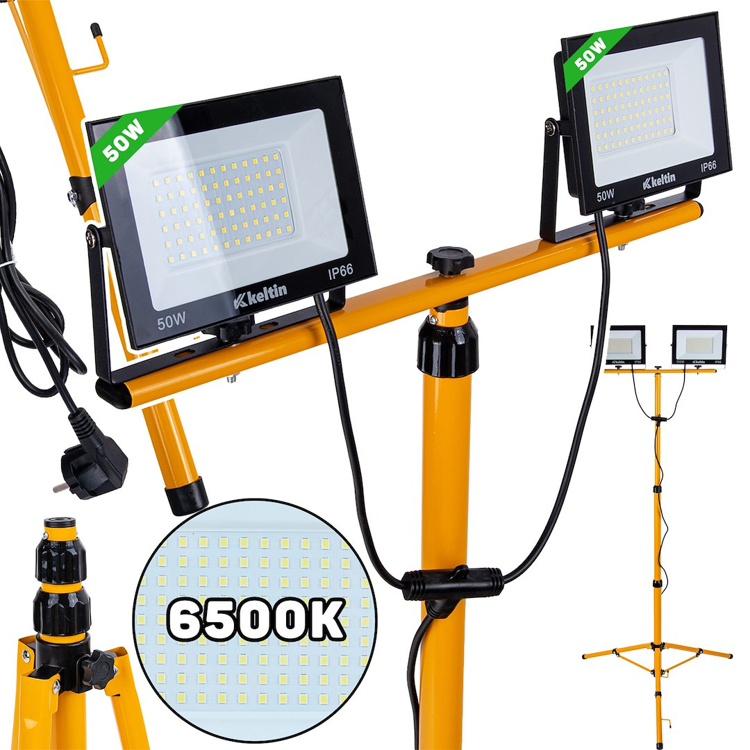 2x50W LED světlomet s teleskopickým konstrukčním stojanem a kabelem - studená bílá barva 6500K K02053