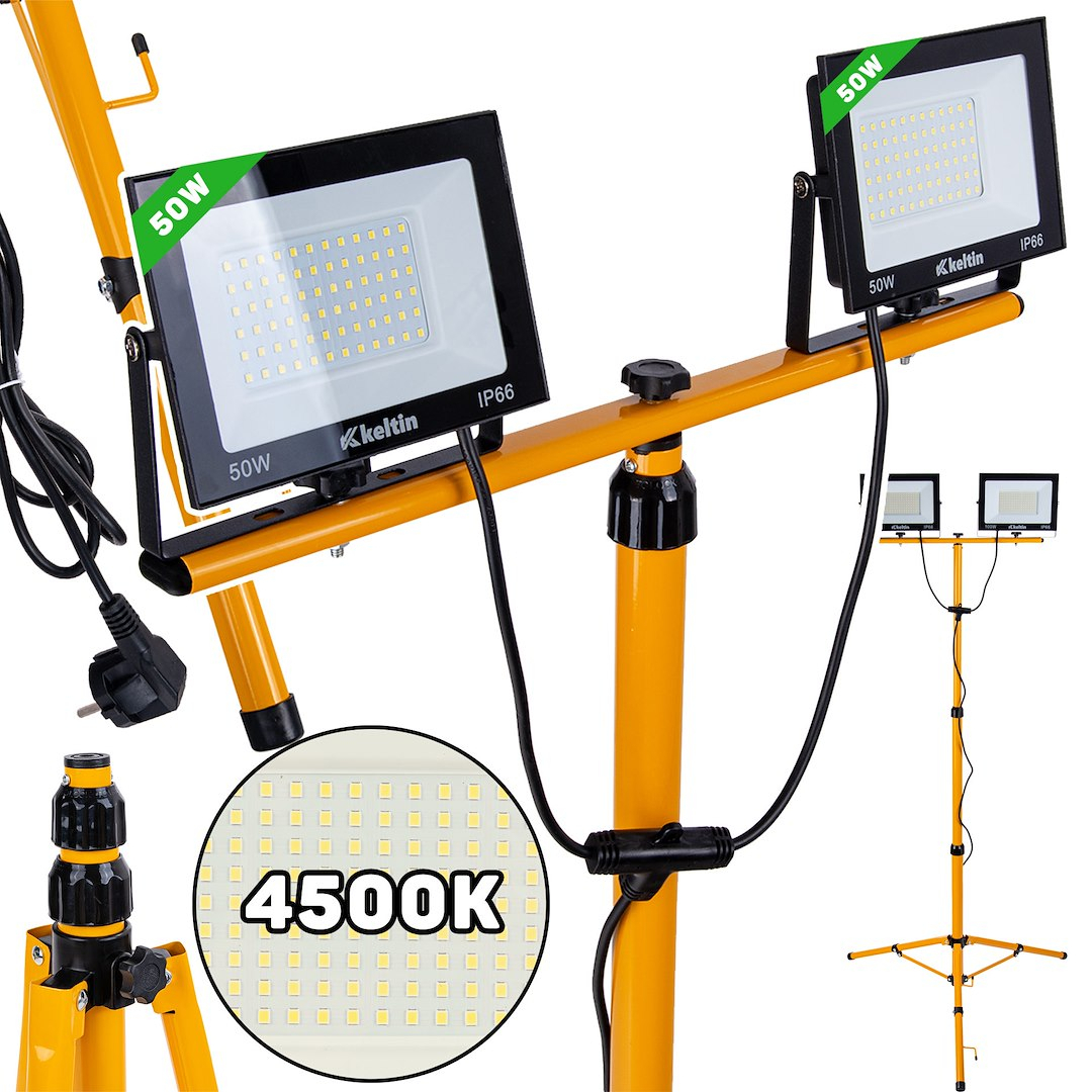 Levně 2x50W LED světlomet s teleskopickým stojanem a kabelem - neutrální bílá barva 4500K K02054