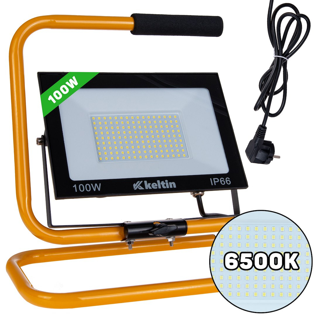 GEKO 100W LED světlomet s konstrukčním stojanem a kabelem - studená bílá barva 6500K K02056
