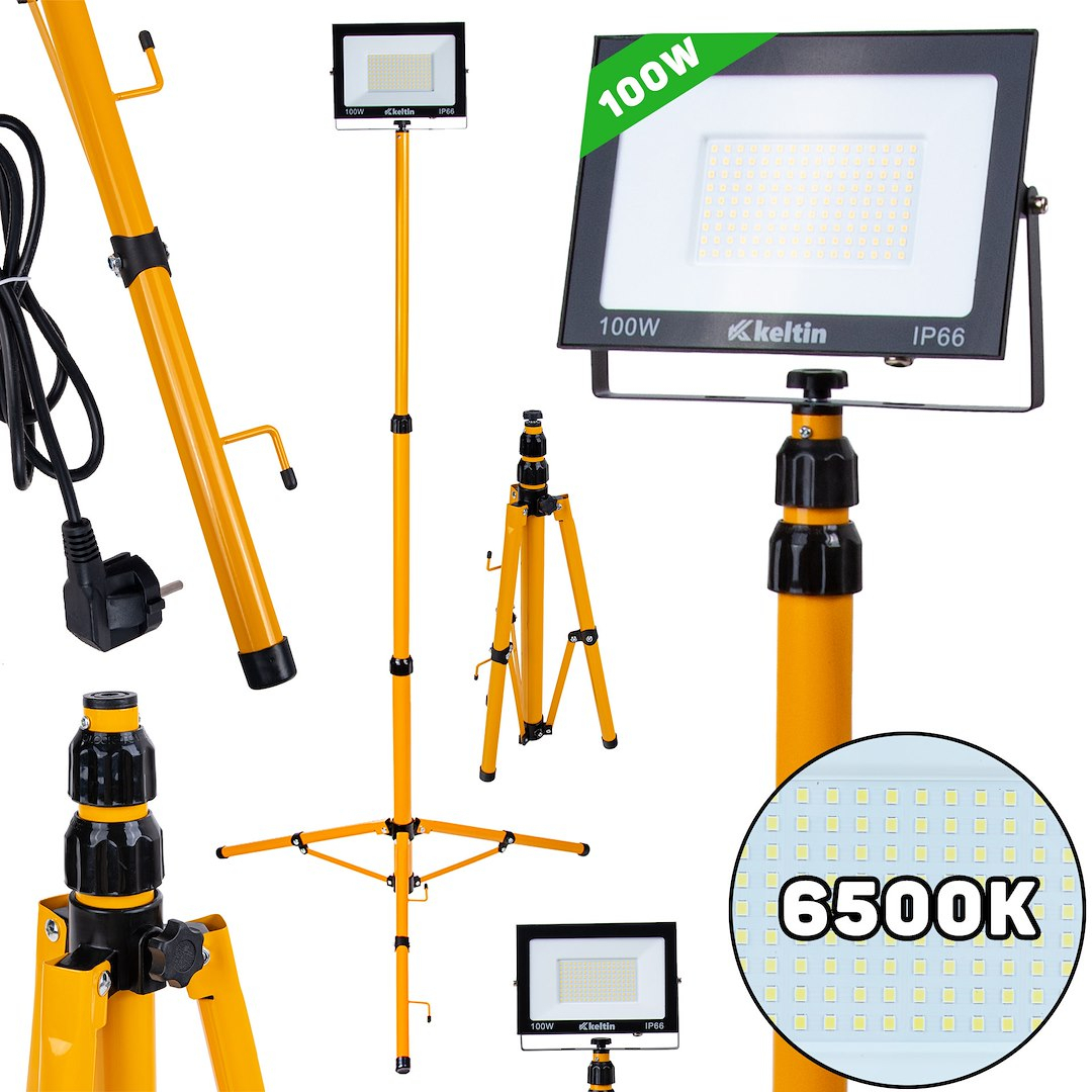 GEKO 100W LED světlomet s teleskopickým konstrukčním stojanem a kabelem - studená bílá barva 6500K K02062