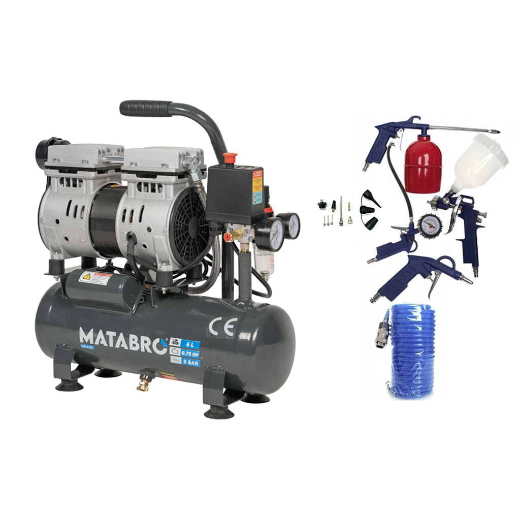 Levně AKČNÍ SET SETMB-K201, Bezolejový kompresor 6l, 230V, 2 písty s příslušenstvím | 550W | Matabro SETMB-K201