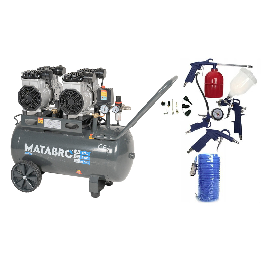 Levně AKČNÍ SET SETMB-K203, Bezolejový kompresor 50l, 230V, 4 písty s příslušenstvím | 2x1500W | Matabro SETMB-K203