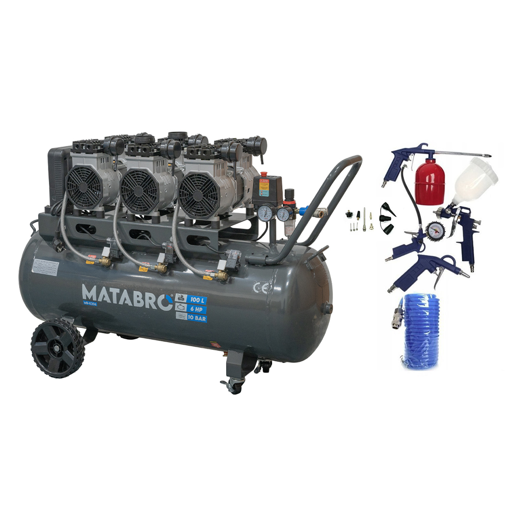 Levně AKČNÍ SET SETMB-K206, Bezolejový kompresor 100l, 230V, 6 pístů s příslušenstvím | 4500W | Matabro SETMB-K206