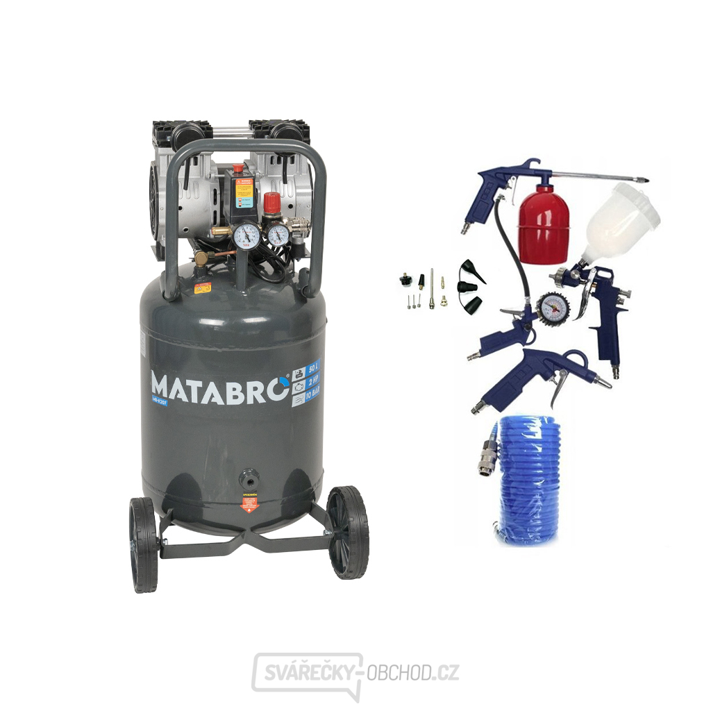 AKČNÍ SET SETMB-K207, Bezolejový vertikální kompresor 50l, 230V, 2 písty, s příslušenstvím | 2000W | 10 BAR | Matabro