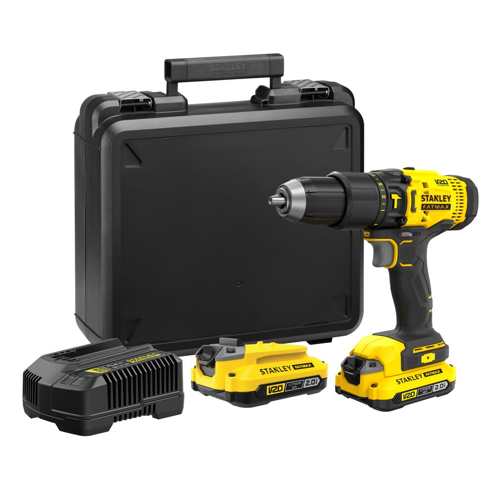Levně Aku vrtačka s příklepem Stanley V20, 2x2,0Ah, nabíječka, kufr SFMCD711D22