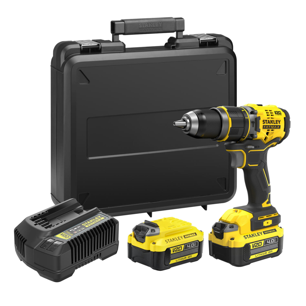 Levně Aku vrtačka s příklepem Stanley V20, 2 x 4.0Ah, kitbox SFMCD721M2K