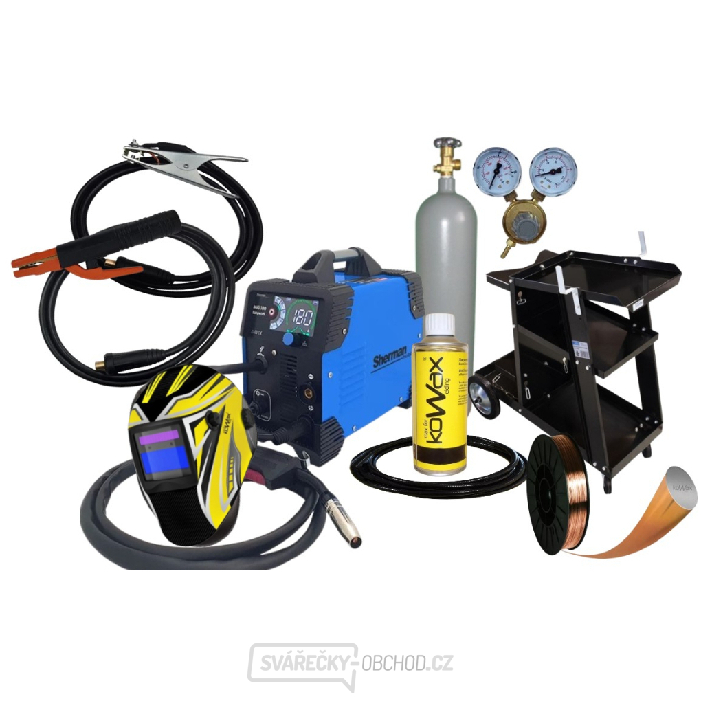 Invertorová svářečka Sherman MIG 180 Easywork + Hořák + Kabely + kukla + redukční ventil + vozík + drát + sprej + Plná l