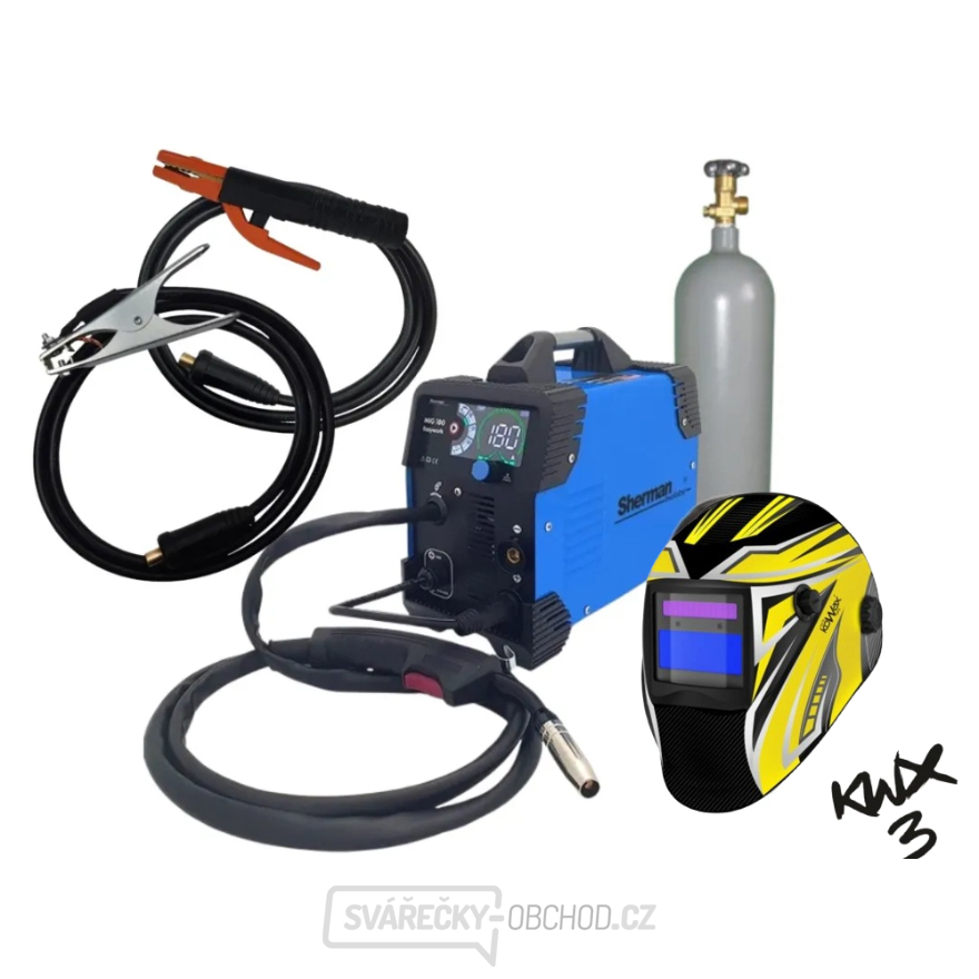 Invertorová svářečka Sherman MIG 180 Easywork + Hořák + Kabely + kukla KWX3 + magnet + Plná lahev CO2