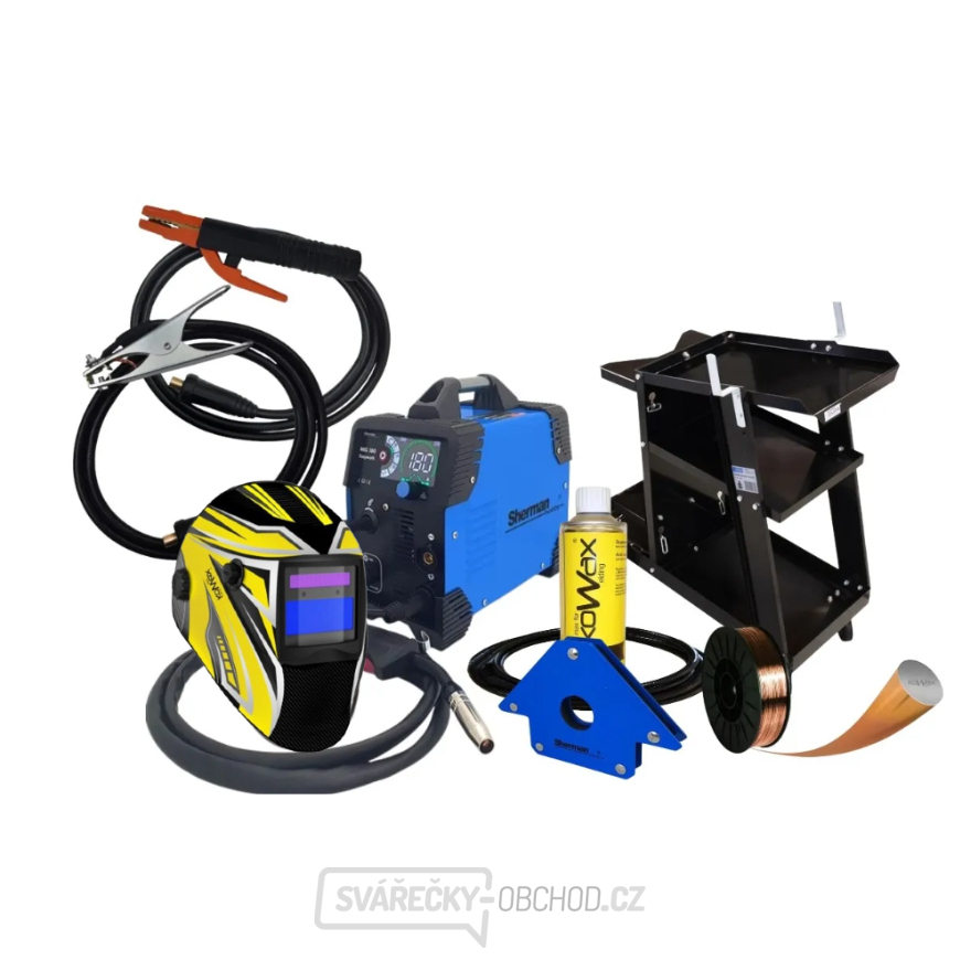 Invertorová svářečka Sherman MIG 180 Easywork + Hořák + Kabely + kukla + vozík + sprej + trub.drát + magnet