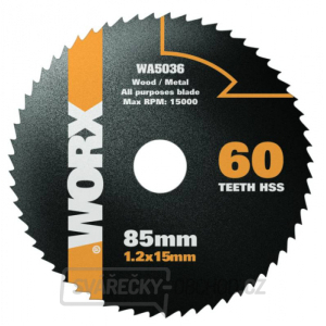 Pilový kotouč na dřevo WA5036 HSS, průměr 85mm, 60 zubů Pilový kotouč na dřevo WA5036 HSS, průměr 85mm, 60 zubů gallery main image