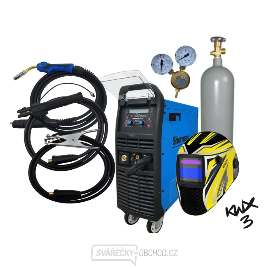 Sherman Synergická invertorová svářečka DIGIMIG 300 Pulse + hořák MIG 25/4m + Kabely + Kukla + plná Láhev Co2