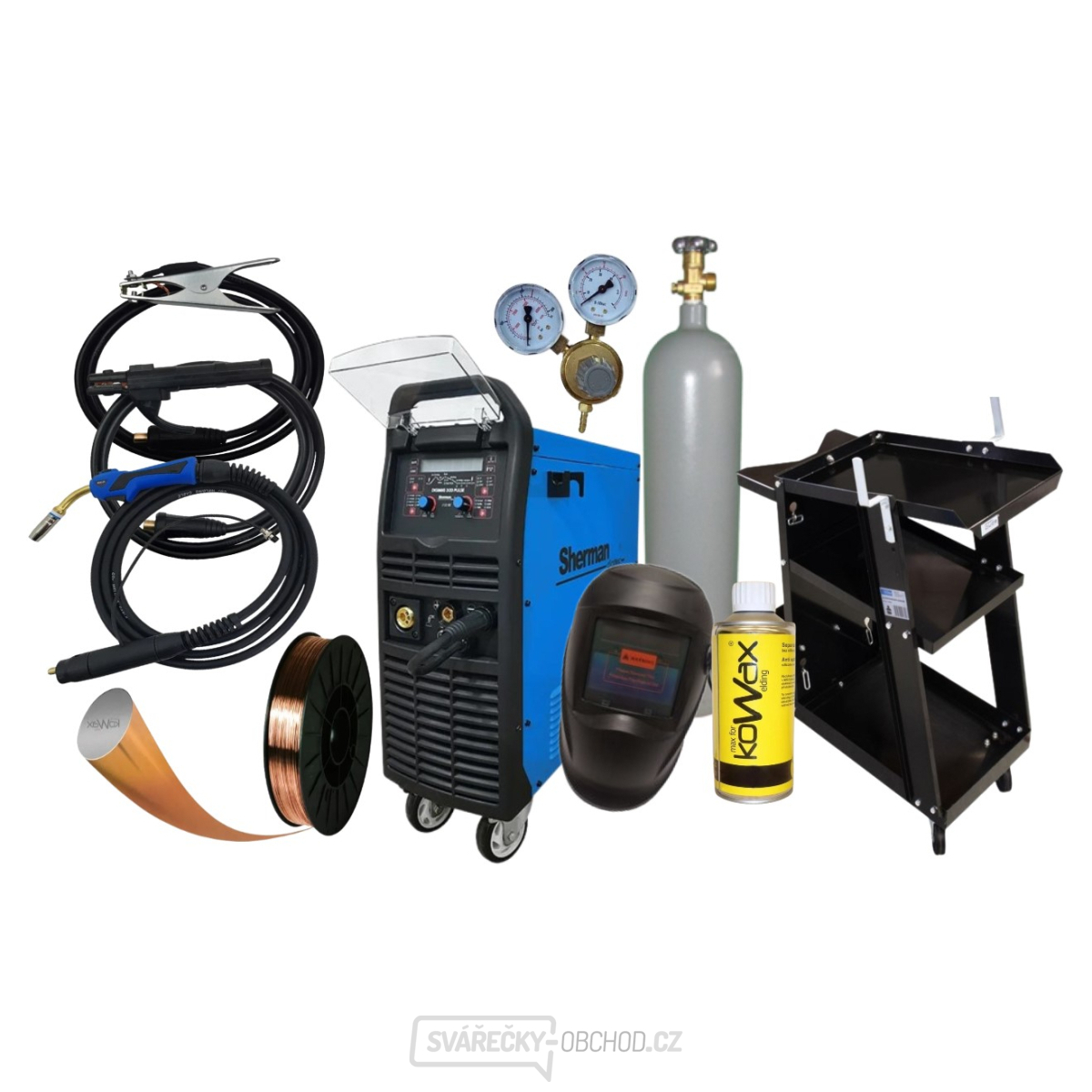 Sherman Synergická invertorová svářečka DIGIMIG 300 Pulse + hořák MIG 25/4m + Kabely + Kukla + plná Láhev Co2
