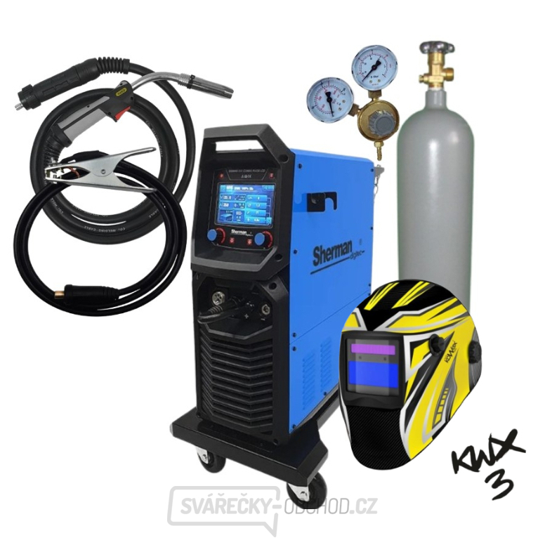 Synergický invertorový svařovací stroj DIGIMIG 351 COMBO PULSE LCD + Hořák + Kabely + Kukla + plná Láhev Co2