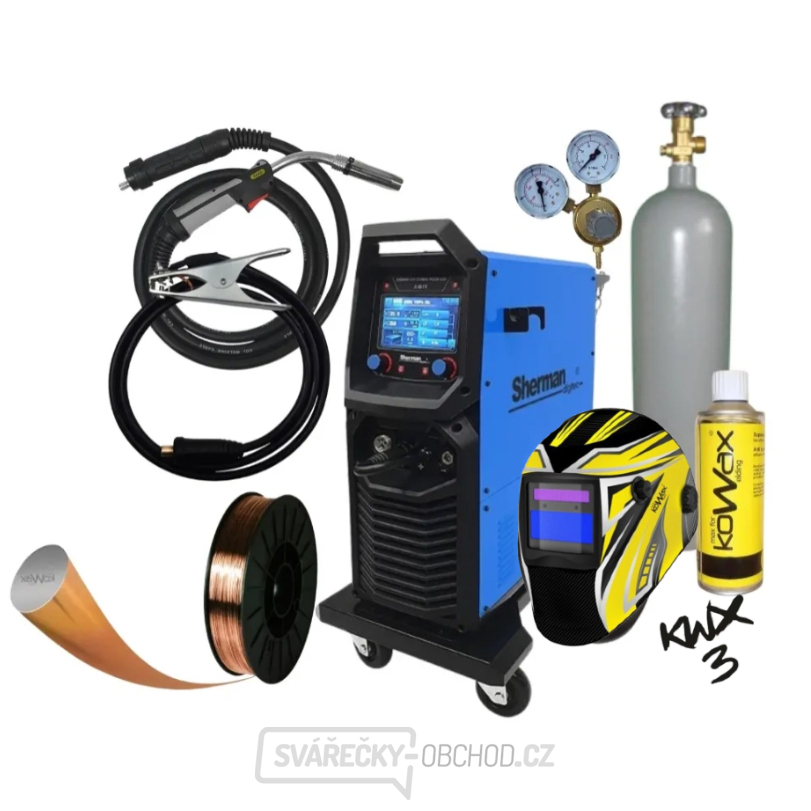 Synergický invertorový svařovací stroj DIGIMIG 351 COMBO PULSE LCD + Hořák + Kabely + Kukla + plná Láhev Co2