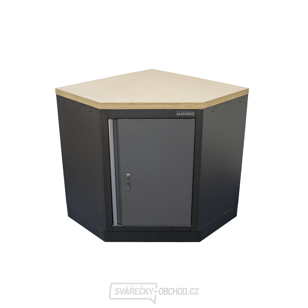 Rohová jednodveřová dílenská skříňka s dřevěnou pracovní deskou | 1 police | 865x865x950 mm Matabro SET-CA01068