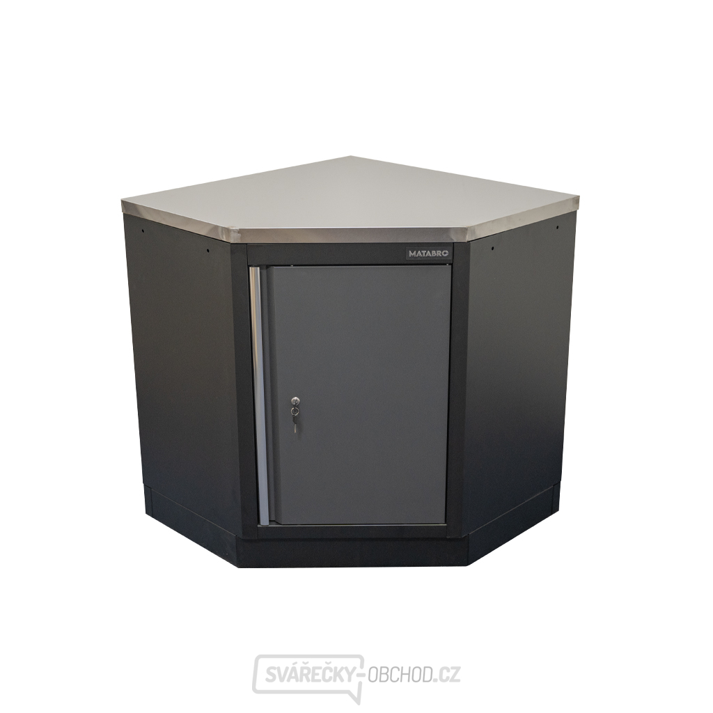 Rohová jednodveřová dílenská skříňka s nerezovou pracovní deskou | 1 police | 865x865x950 mm Matabro SET-CA01069