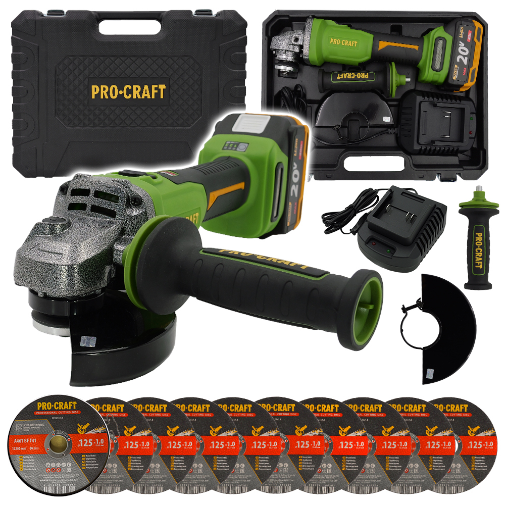 Aku úhlová bruska Procraft PWA220 + 10x řezný kotouč CD125x1.0 | SPWA220/CD125x1.0b SPWA220/CD125x1.0b