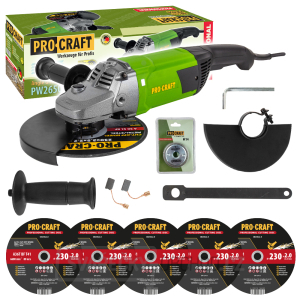 Bruska úhlová Procraft PW2650 + rychloupínací matice RM14, 5x řezný kotouč CD230x2.0 | SPW2650/CD230x2.0/RM14 Bruska úhlová Procraft PW2650 + rychloupínací matice RM14, 5x řezný kotouč CD230x2.0 | SPW2650/CD230x2.0/RM14 gallery main image