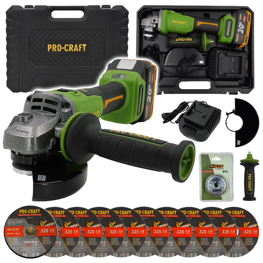Aku úhlová bruska Procraft PWA220 + rychloupínací matice, 10x řezný kotouč CD125x1.0 | SPWA220/CD125x1.0b/RM14 SPWA220/CD125x1.0b/RM14