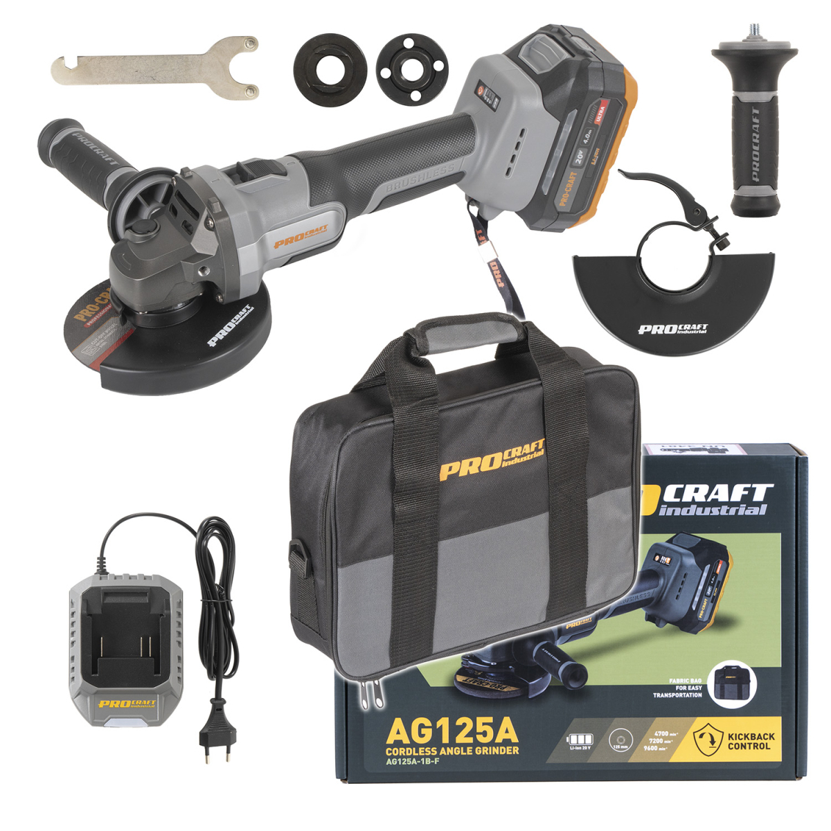 Aku úhlová bruska Procraft Industrial AG125A-1B-F (Taška) | AG125A-1B-F AG125A-1B-F
