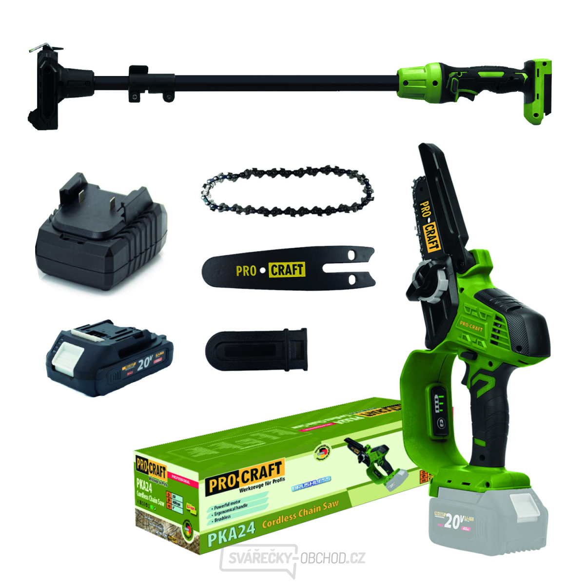 Aku řetězová pila PKA24 a prodlužovací nástavec sada s baterií 20V 2Ah a nabíječkou | SPKA24/20-1/20-2A/PPKA24