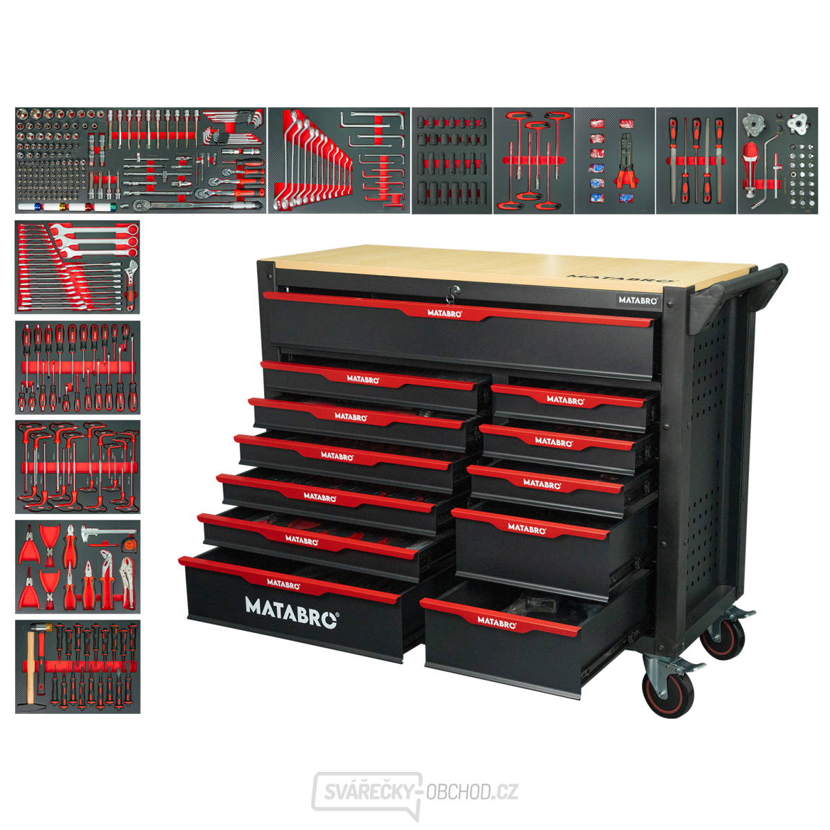 Dílenský vozík s nářadím | 12 zásuvek | Červený Matabro MB-TC05 | 542 ks