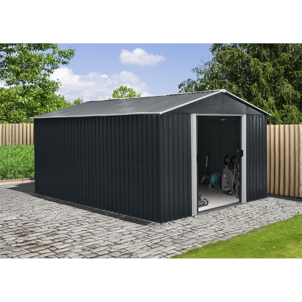 Riwall PRO RMSA 12x10 Anthracite zahradní domek kovový 3 x 3,7 m se sedlovou střechou antracit SD-X1210-H170C-A