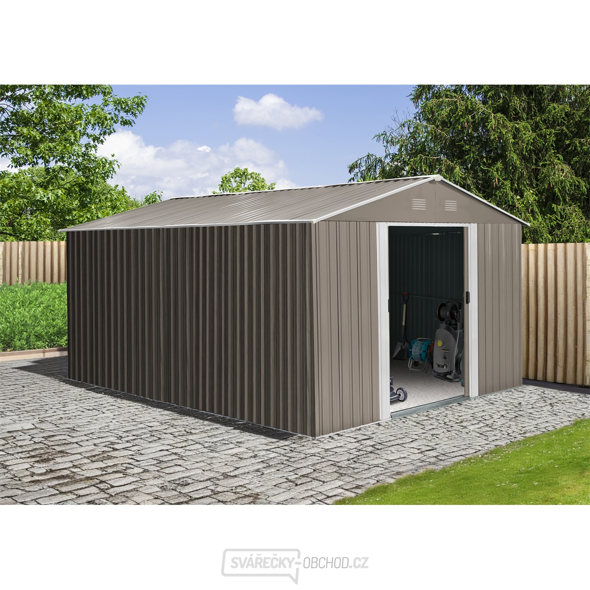 Riwall PRO RMSA 12x10 Brown zahradní domek kovový 3 x 3,7 m se sedlovou střechou hnědý