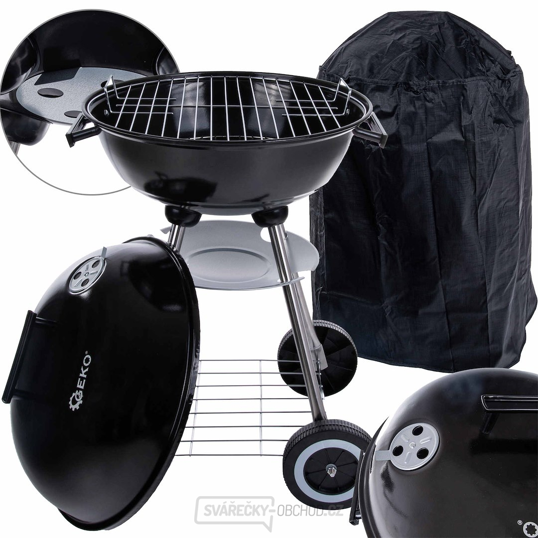 Kulatý gril na dřevěné uhlí s víkem a krytem - průměr roštu 39 cm (1)