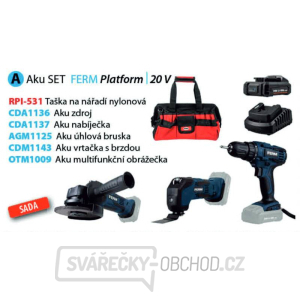 Ferm aku sada nářadí A, taška RPI-531, úhlová bruska AGM1125, vrtací šroubovák CDM1143, oscilační bruska OTM1009, zdroj  Ferm aku sada nářadí A, taška RPI-531, úhlová bruska AGM1125, vrtací šroubovák CDM1143, oscilační bruska OTM1009, zdroj  gallery main image