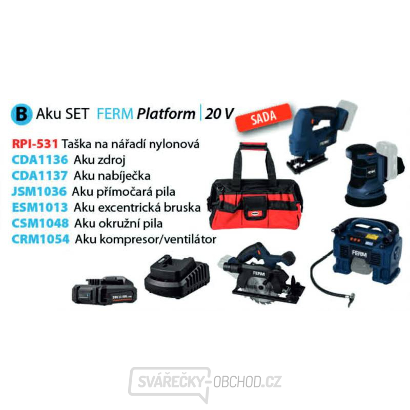 Ferm aku sada nářadí B, taška RPI-531, přímočará pila JSM1036, excentrická bruska ESM1013, okružní pila CSM1048, kompres Ferm aku sada nářadí B, taška RPI-531, přímočará pila JSM1036, excentrická bruska ESM1013, okružní pila CSM1048, kompres gallery main image