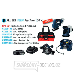Ferm aku sada nářadí B, taška RPI-531, přímočará pila JSM1036, excentrická bruska ESM1013, okružní pila CSM1048, kompres Ferm aku sada nářadí B, taška RPI-531, přímočará pila JSM1036, excentrická bruska ESM1013, okružní pila CSM1048, kompres gallery main image