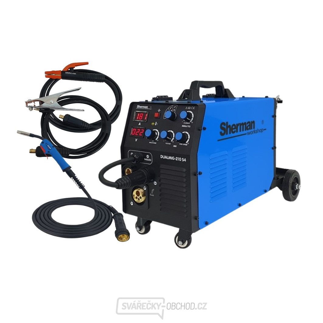 Sherman Invertorová svářečka DUALMIG 210 S4 s kolečky a policí na láhve + Hořák + Kabely