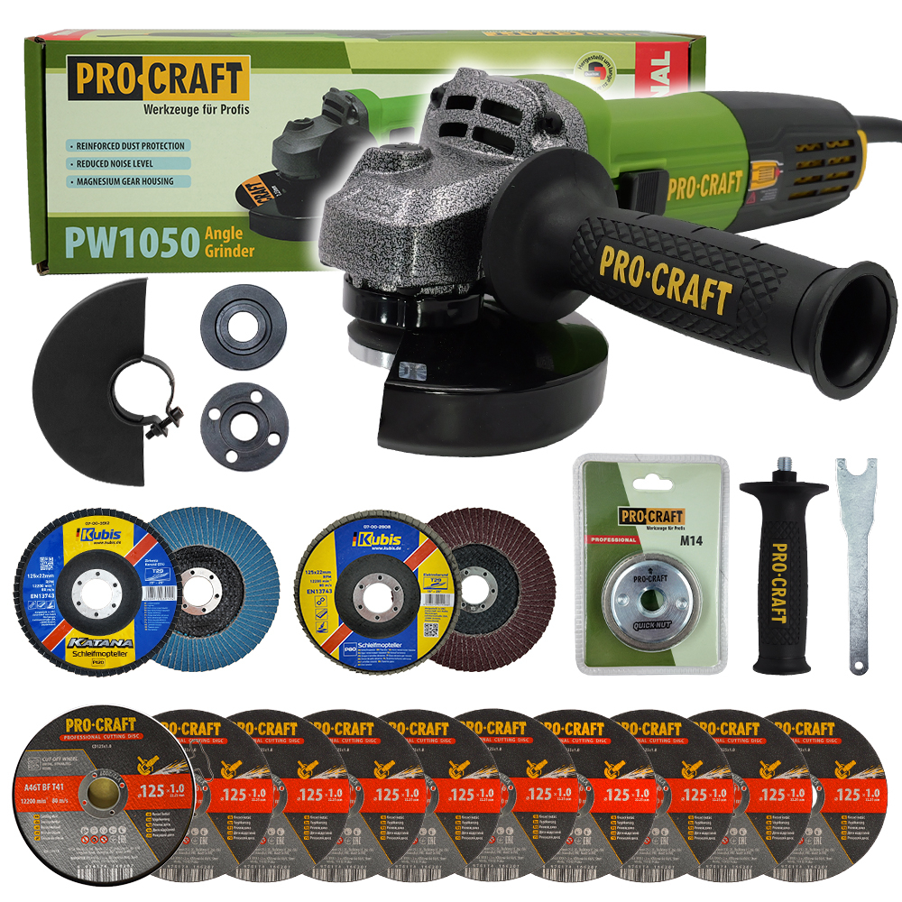Levně Bruska úhlová Procraft PW1050 + rychloupínací matice, 10x řezný kotouč, 2x lamelový kotouč | SPW1050/RM14 SPW1050/RM14