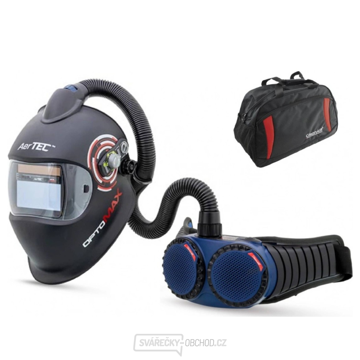 SET Svářečská kukla AerTEC OptoMAX Air + CleanAIR AerGO - černá