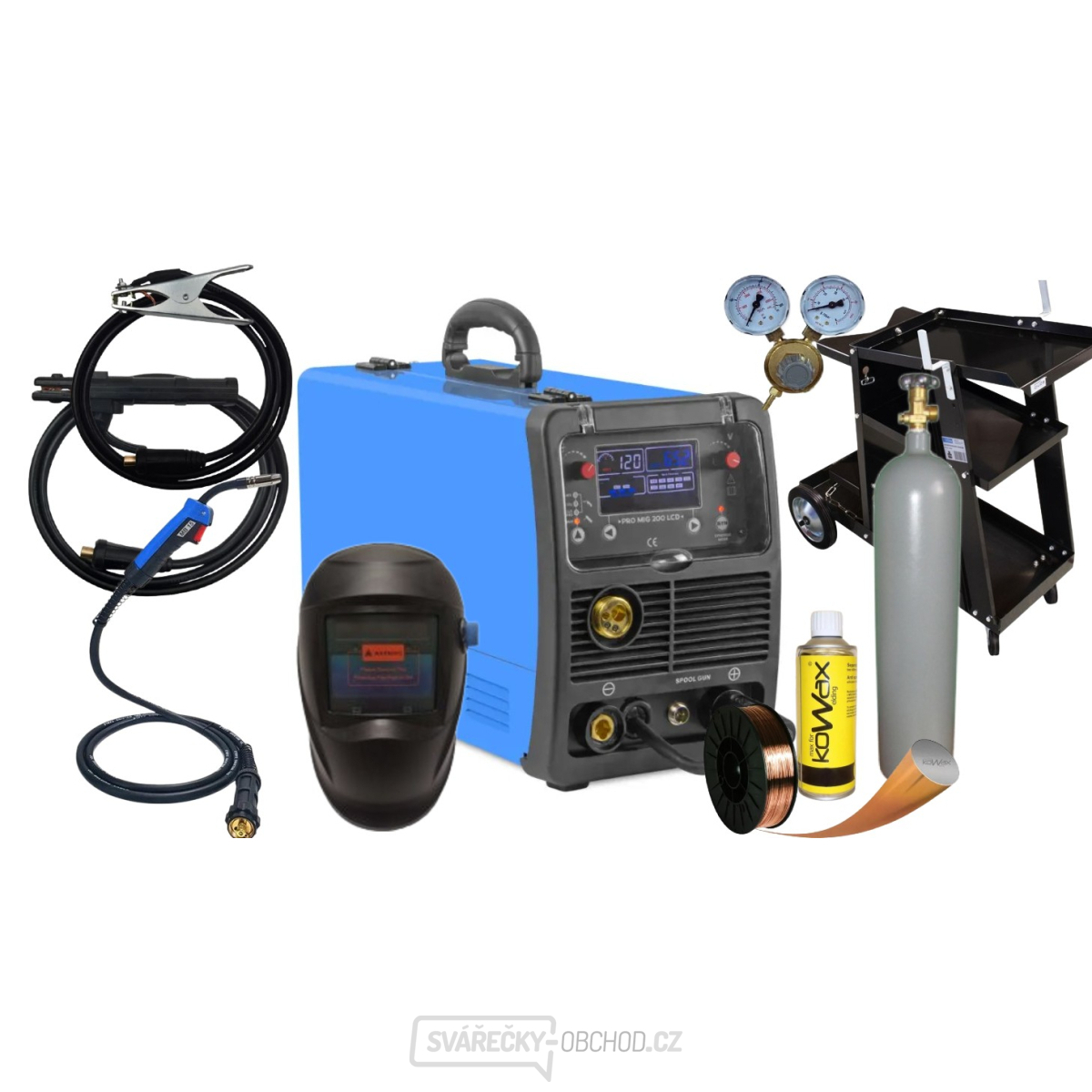 Makin Mig 200 LCD + Hořák 4m + Kukla + plná láhev + vozík + ventil + drát + sep. sprej + kabely 