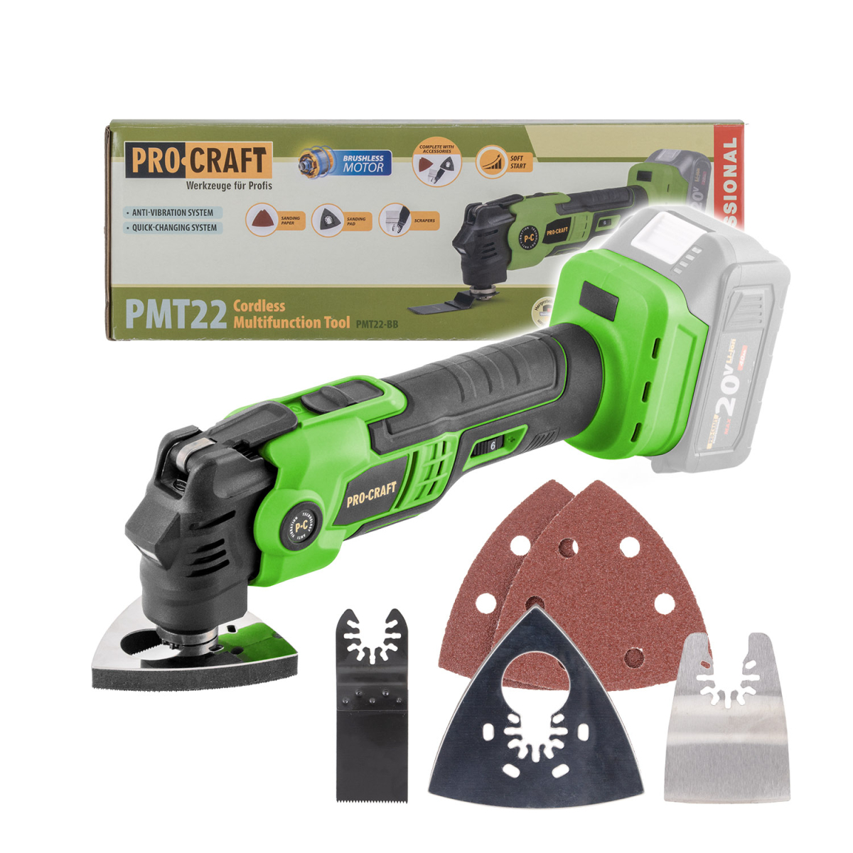 Levně Aku multifunkční oscilační bruska Procraft PMT22bb (bez baterie a nabíječky) | PMT22bb PMT22bb