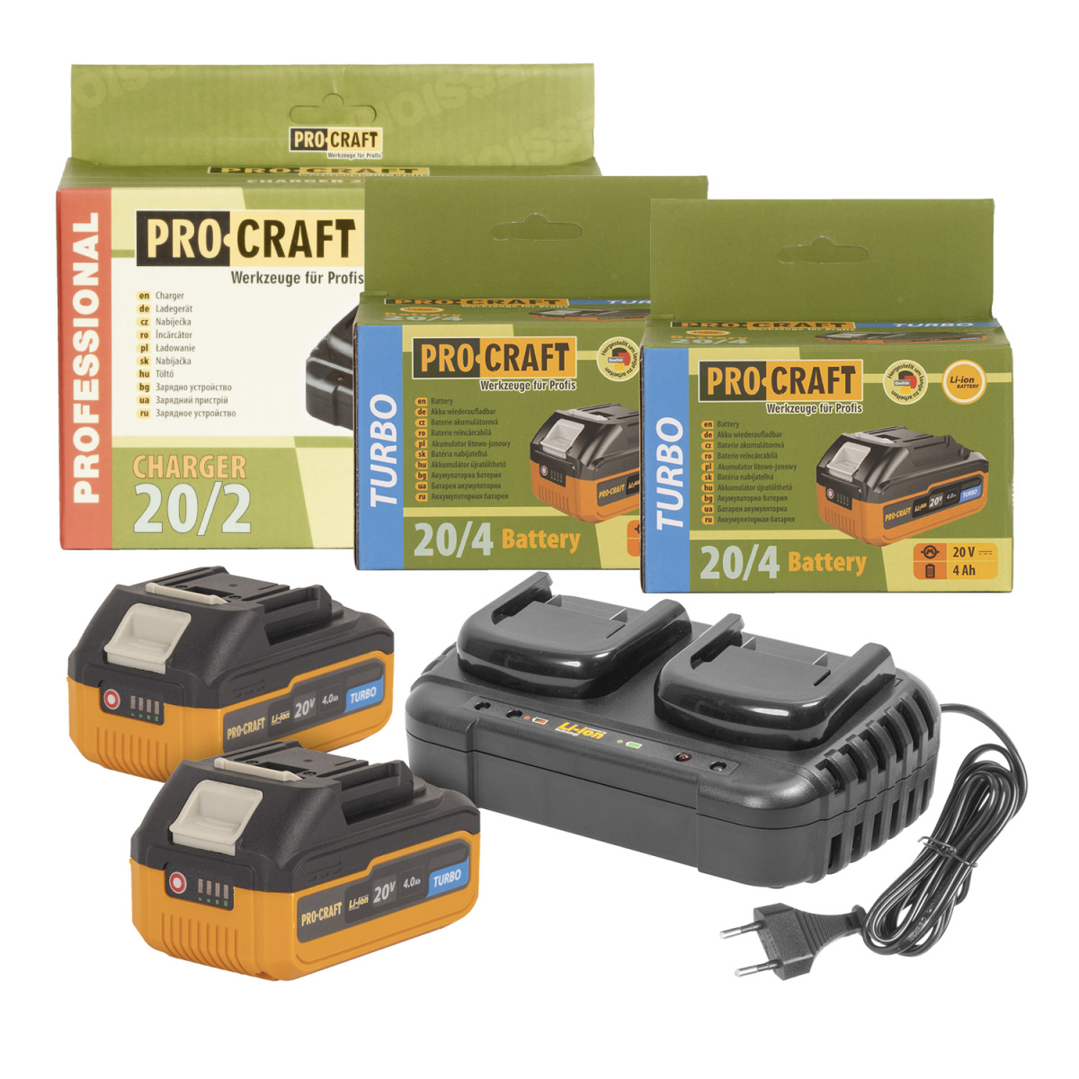 Sada dvě baterie 20V 4Ah Procraft 20/4 Turbo a nabíječka na dvě baterie 20/2 | S20-4TURBO/20-2 S20-4TURBO/20-2