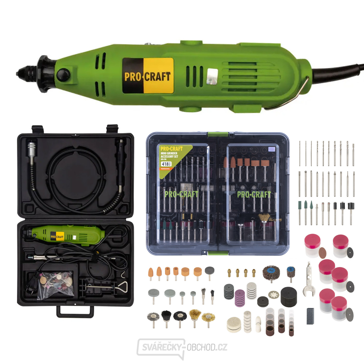 Přímá bruska Procraft PG400 + GK‑418 s ohebným nástavcem a příslušenstvím | SPG400/GK-418