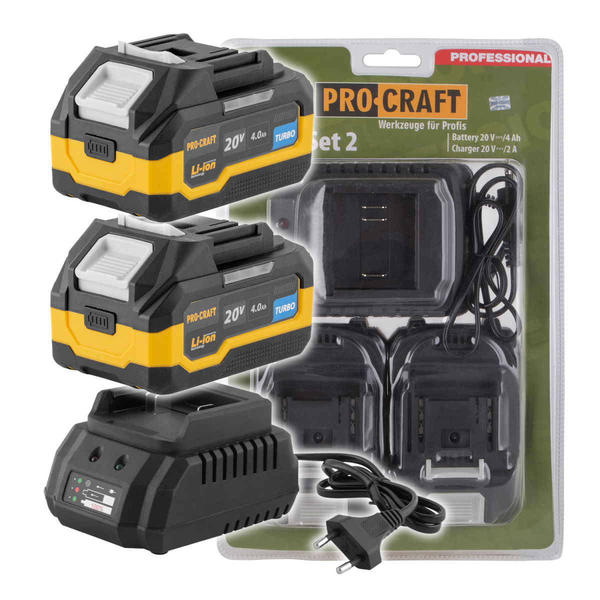 Sada baterie 20V 4Ah (2 ks) + 1 nabíječka Procraft PBC-Set 2 | PBC-Set 2