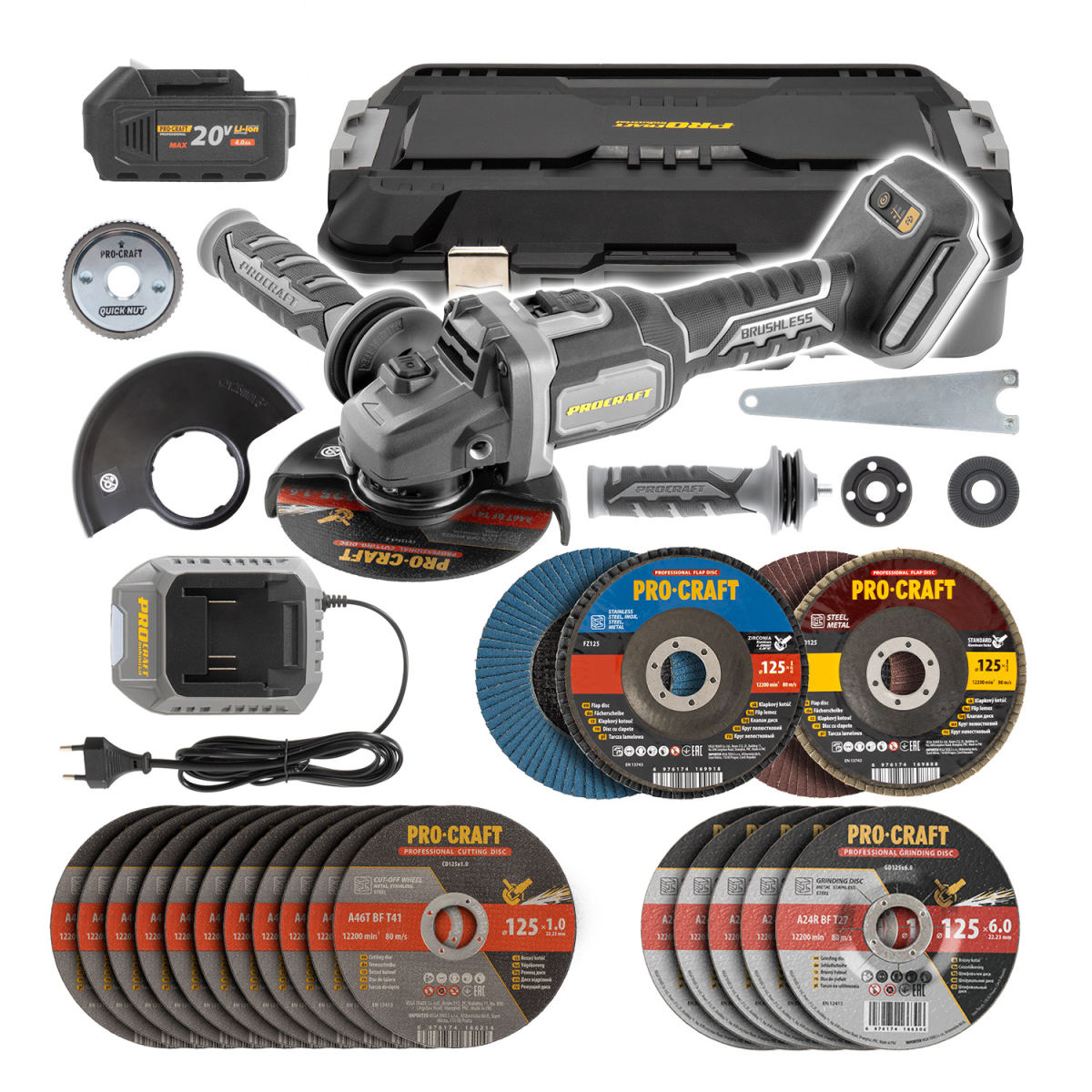 Levně Aku bruska úhlová Procraft AG125B + 10x řezný, 4x lamelový, 5x brusný kotouče, rychloupínací matice | SAG125B-CD SAG125B-CD