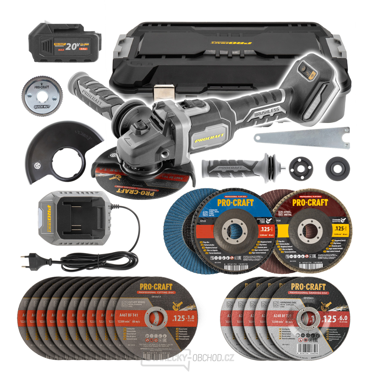 Aku bruska úhlová Procraft AG125B + 10x řezný kotouč, 4x lamelový kotouč, 5x brusný kotouč, rychloup | SAG125B-CD