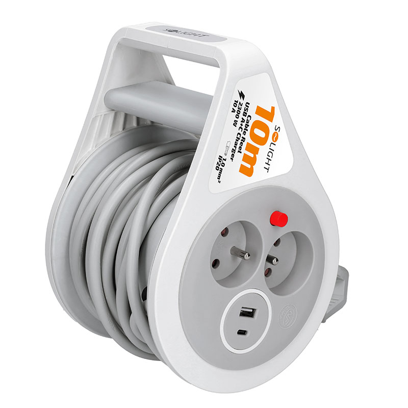 Levně Solight prodlužovací přívod na bubnu 10m, USB A+C, 2 zásuvky, šedý kabel, 3x 1,0mm2 PB25C