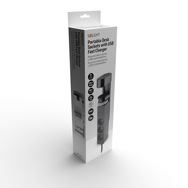 Levně Solight 3z + USB A+C přenosné stolní zásuvky, 2m, černá, USB rychlonabíječka 20W PD PP105C-PD20-B