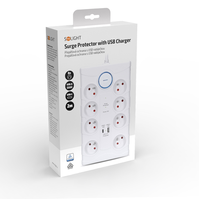 Levně Solight přepěťová ochrana, 8z, USB A+C, 2m, bílá PO80